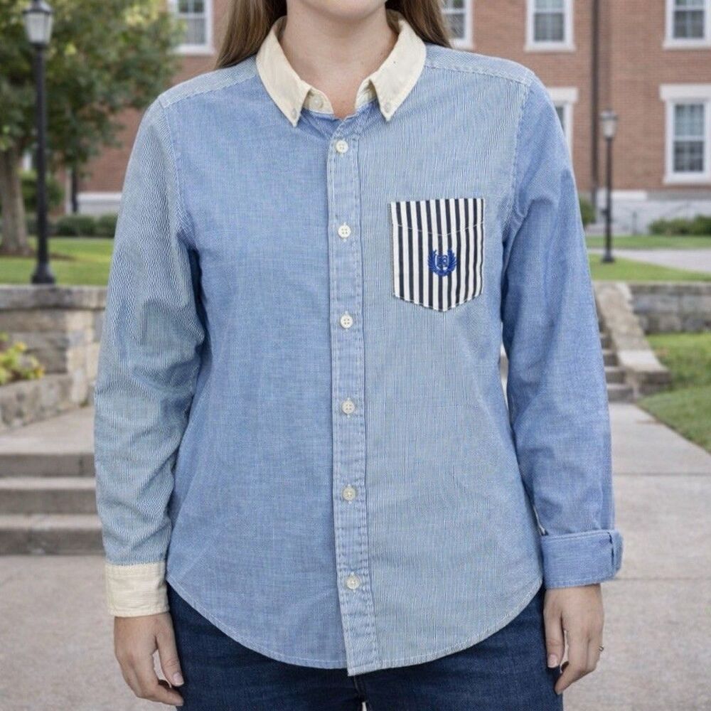 Chaps Patchwork Stripe Button Down Shirt Women XS Preppy Ivy League Academia
